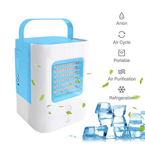 GooDGo Mini USB Air Conditioner Small Cooling Humidifier Fan with Portable Handle, Desktop Quiet Cooler LED Fan for Summer, Perfect for Office, Home, Outdoor, Gym (BLUE)
