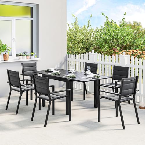 Outsunny 7 Piece Patio Dining Set for 6, Aluminum Expandable Outdoor Table and Stackable Chairs with Padded Back and Mesh Seats, Patio Furniture Dining Set for Garden, Black