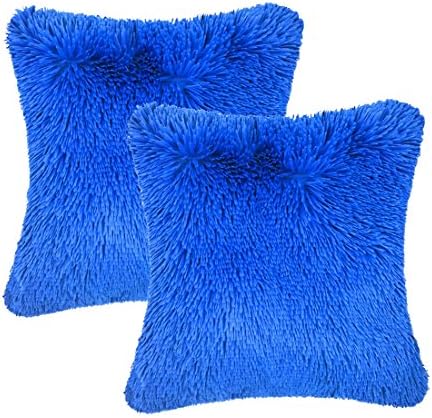 Throw it Super Fluffy Soft Cozy Silky Hand Feeling Plush Fuzzy Faux Fur Square Throw Pillow Case Shaggy Cover 18"x18" Pack of 2,Royal Blue