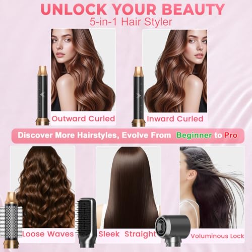 AVENHO 5 in 1 Hair Dryer Brush, Hot Air Brush with Detachable Heads, Straightener, Curling and Volumizer, Lightweight for Travel - Charcoal