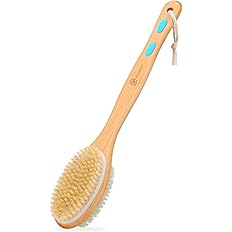 FREATECH Long Handle Body Brush Back Scrubber Exfoliator - 17.3" Wooden Bath Shower Brush, Dual-sided Brush Head with Soft Ny