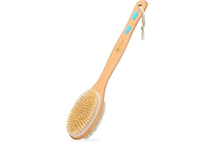 FREATECH Back Scrubber Bath Shower Brush with Soft & Stiff Natural Bristles, Long Handle Bath Brush Body Exfoliator for Wet/D