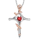 RIVIKO Rose Flower Cross Necklace for Women,925 Sterling Silver Birthstone Necklaces Heart Pendant,Cross Jewelry Anniversary Birthday Gifts for Women Wife Mom Lady