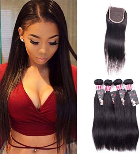 Brazilian Virgin Hair With Closure Free Part Straight Human Hair Bundles With Closure 4 Bundles Brazilian Straight Hair With Closure (8 10 12 14 with 8")