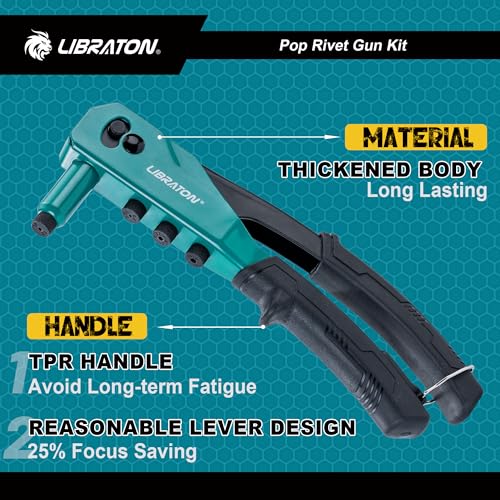 Libraton Professional Rivet Pliers, Pop Riveter, Blind Rivet Pliers, Manual Rivet Gun, Riveting Tool with 120 Blind Rivets, 4 HSS Drills, 4 Interchangeable Nozzles Without Tool
