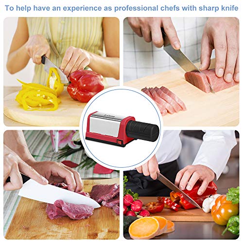 E-Gtong Electric Knife Sharpener, Professional 2-Stage Knives Sharpening System for Straight and Serrated Knives, with Diamond Abrasives for Knife Sharpening, Red