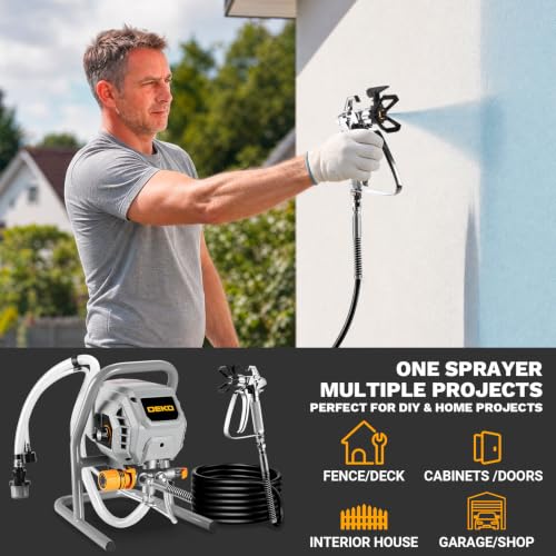 DEKO Pistola per Verniciare Airless 700W 2900PSI, Portata 1,2L/min, Spruzzatore Elettrico Multiuso con Tubo da 7,5M, 2 Prolunghe e Ugelli 311/515 per Pareti, Mobili e Metallo