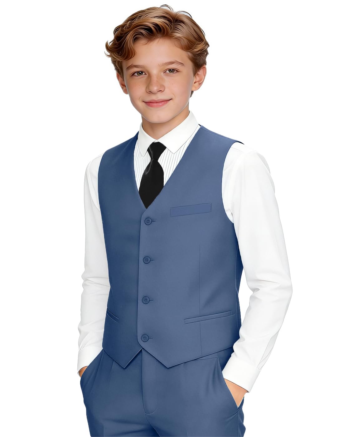 Photo 1 of Boihedy Boy's Blue Dress Pants and Vest Set with Shirt Formal Wedding Tuxedo Dress Suits for Teen Boys Dusty Blue Size 7