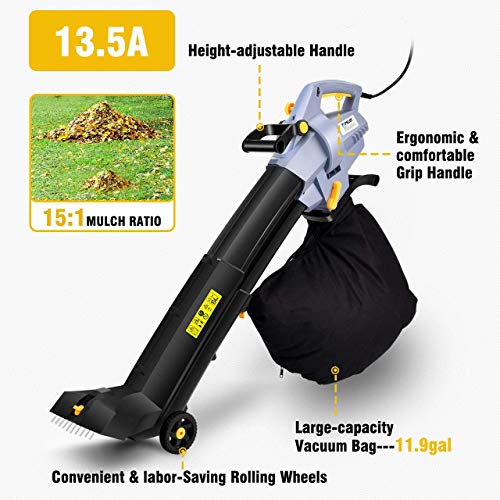 TOPELEK 3-in-1 Electric Blower/Vacuum/Mulcher, 185MPH Leaf Blower Vaccum, 7 Wind Speeds Leaf Vaccum, Large 15.9 Gal Vacuum Mulcher with Wheels, Humane Designed Impellers, Fast Work Sweeper