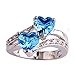 Emsione Vintage 925 Sterling Silver Plated Halo CZ Double Heart Created Blue&White Topaz Love Wedding Promise Ring