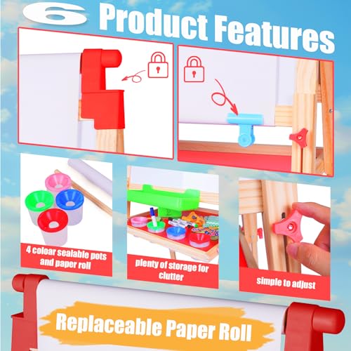 JOYOOSS Kids Wooden Easel with Paper Roll - Adjustable Magnetic Double Sided Drawing Board Whiteboard & Chalkboard Dry Easel Board,Children Art Easel for 3~12 Years Kids Boys Girls Painting Drawing