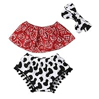 stylesilove Baby Girls Cowgirl Red Bandana Top with Pom Pom Trim Bloomers and Headband 3pcs Outfit (90/12-18 Months)