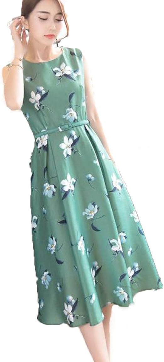 Amazon Ehame レディース ワンピース 花柄 フレア ノースリーブ 上質 ベルト 付き ロング ドレス Aライン トップス ファッション かわいい グリーン2xl パーティードレス 通販