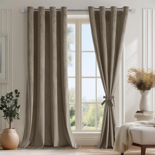 DWCN Set Of 2 Taupe Velvet Curtains with Eyelets H245XB140cm with Ties for Curtains, Velvet Blackout Curtains for Bedroom Living Room, Wonderfully Soft Velvet Curtains