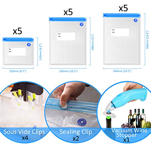 Sous Vide Bags Kit Handheld Vacuum Sealer BPA Free 15 Reusable Vacuum Sealer Bags 1 Vacuum Wine Stopper 2 Sealing Clips 4 Sous Vide Clips for Food Preservation Kitchen Homemaker (Blue)