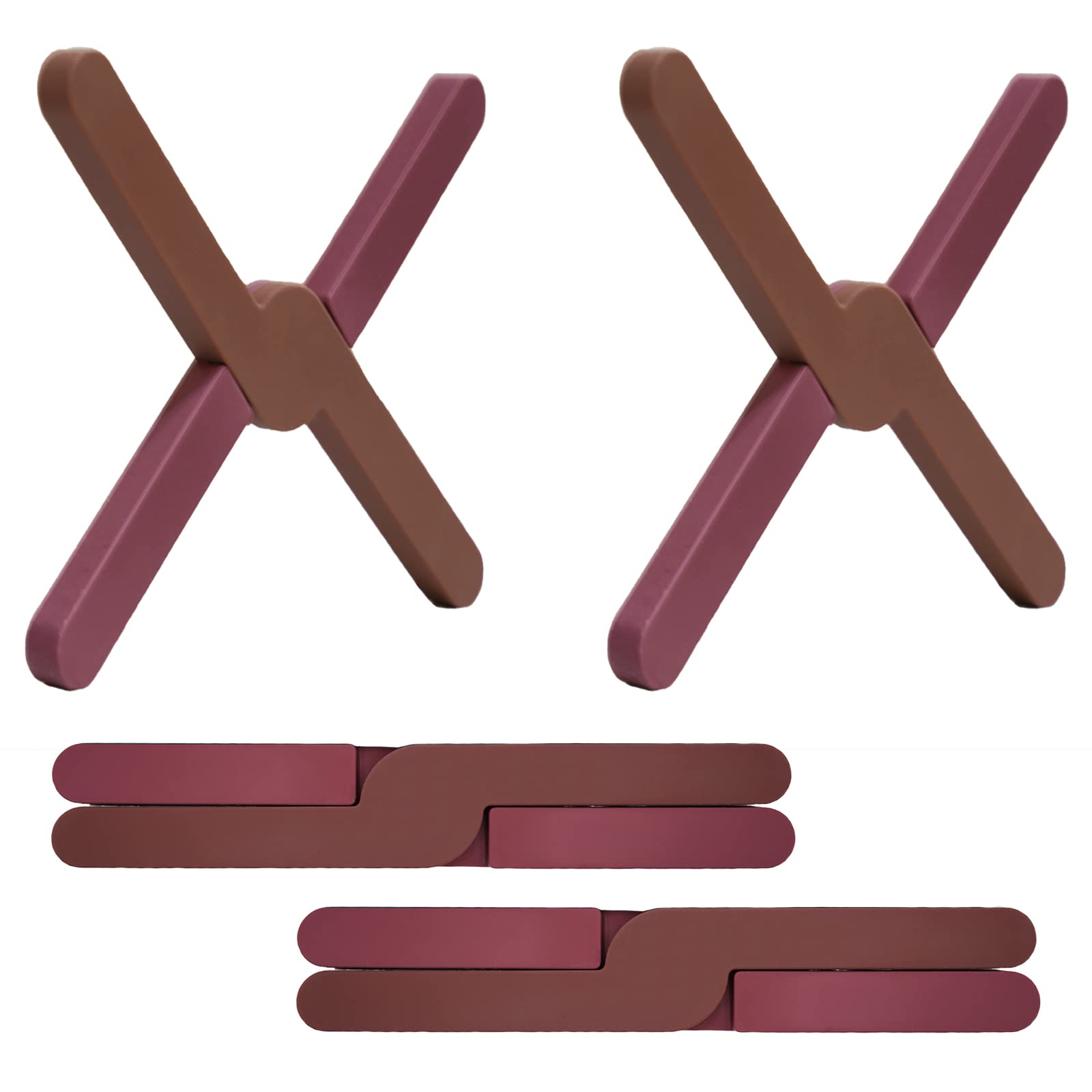 Ben & Bel Stylish X-shaped Foldable Silicone Trivets Set of 2, Non-Slip Worktop Protector Heat Resistant for Hot Pans/Dishes/Plates/Pots, Ideal for Camping/Caravan, Brown+Brown