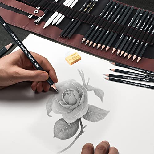Sketching Pencil Set, 24 Pcs Graphite Drawing Pencil for Artists Adults Children Include 12B 10B 8B 7B 6B 5B 4B 3B 2B B HB 2H 4H 6H Pencils, Charcoal Pencils, Canvas Pencil Bag and Accessories