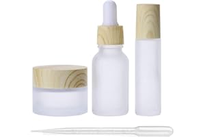 MOLLENSIUER 3Pcs Empty Translucent Frosted Glass Cosmetic Containers with Wood Grain Cap, 1 30ml Round Jar+1 20ml Eye Dropper Bottles+1 10ml Roller Bottles for Essential Oil Aromatherapy Perfume Skincare Liquid