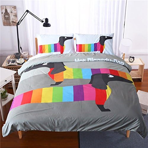 Rainbow Puppy Dachshund Dog Duvet Cover Set 3pcs Twin Full King Queen Soft Microfiber (Full)
