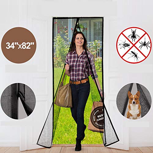 Magnetic Screen Door with Durable Fiberglass Mesh Heavy Duty Reinforced Mesh Door Screen with Magnets & Full Frame Velcro Fits Doors Up to 34 x 82-Inch (Black)