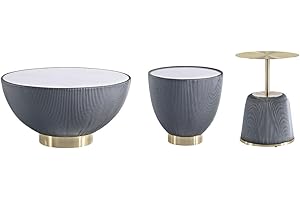 Manhattan Comfort Modern Anderson Coffee Table, End Table 1.0, and End Table 2.0 Upholstered in Grey Leatherette with Ceramic Faux Tabletop and Gold Metal Tabletop- Set of 3