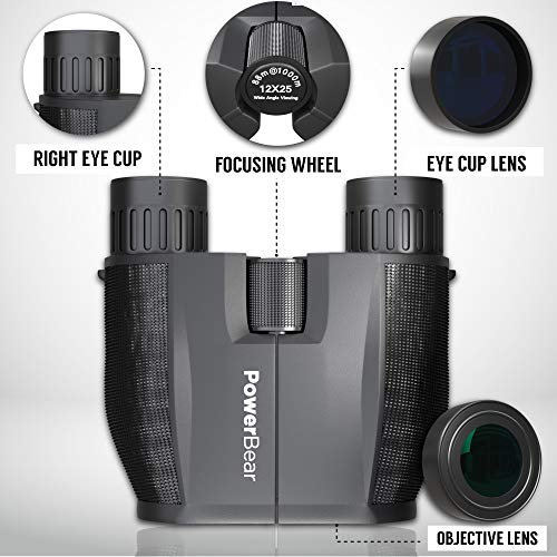 PowerBear Compact Binoculars (12x25) Ultra Sharp Binoculars [Nature, Birds, Outdoors, Concerts, Operas, Games, and More!] Low Light Environment Clear Vision – Black - Thumbnail 2