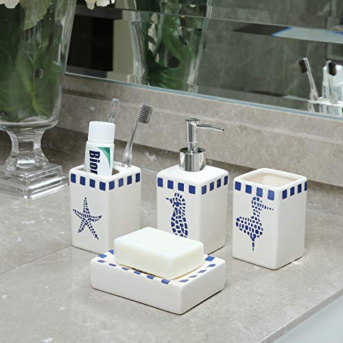 LUEUR-Decorative-Ceramic-Bathroom-Countertop-Accessories-Set-Includes-Refillable-Soap-Lotion-Dispenser-Divided-Toothbrush-Stand-Tumbler-Rinsing-CupSoap-Dish-4pcs-Accessories-Set-Seahorse-Printed LUEUR Decorative Ceramic Bathroom Countertop Accessories Set - Includes Refillable Soap Lotion Dispenser, Divided…