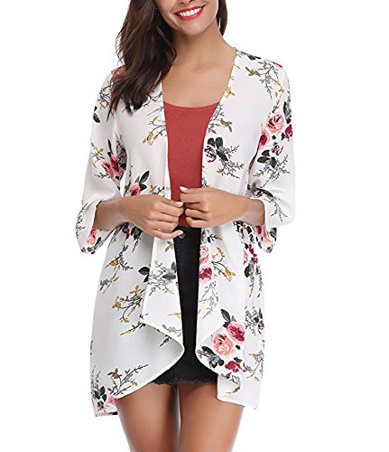 PopStore Women's Floral Print Sheer Kimono Cardigan Capes Chiffon 3/4 Sleeve Patchwork Casual Cover up Blouse Tops