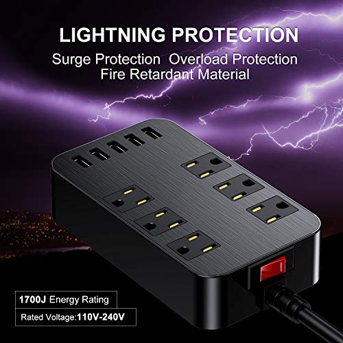 Power Bar Surge Protector - 6-Outlet Surge Protector with 5 USB Ports Fast Charging (4.8A) UL Listed, 6Ft Long Extension Cord Flat Plug Wall Mountable, 1700 Joules for iPhone iPad Home Dorm Office Laptop Computer