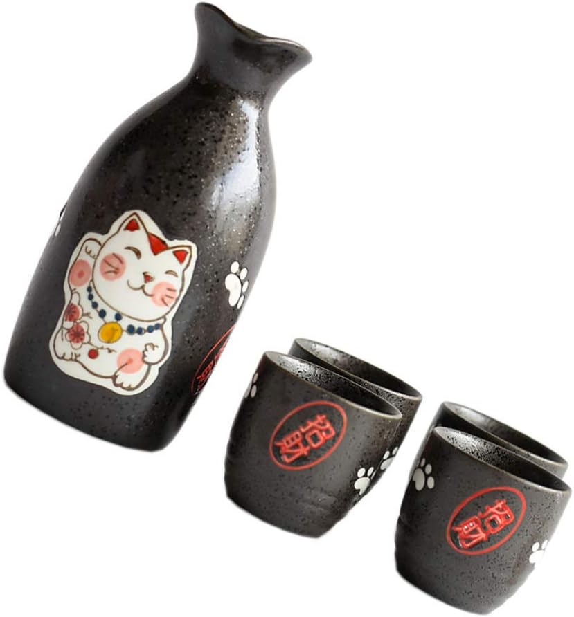 YARNOW 200ml Japanese Sake Cup Set Maneki Neko Style Sake Drinking Cup Ceramic Sake Serving Pot