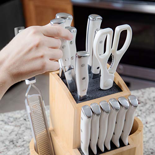 EVOLVE Bamboo Knife Block - Universal Kitchen Knife Holder - Safe & Space Saver Knife Storage that Covers Knife Blades Up To 9” & Holds Up To 20 Knives with Machine Washable & BPA Free Flex Rods