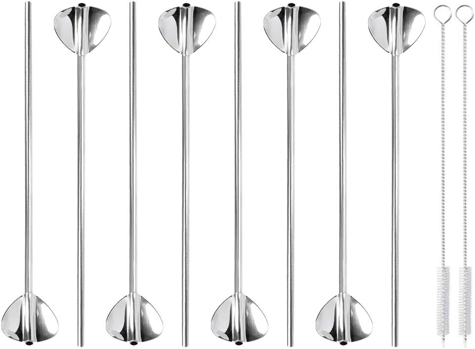 YOTINO 10er Edelstahl Trinkhalme löffel 2 in 1 Strohhalm & Löffel Strohhalme mit 2 Reinigungsbürsten Extra lang & Wiederverwendbar für Smoothie Alternative zu Plastik Strohhalmen (Silber)