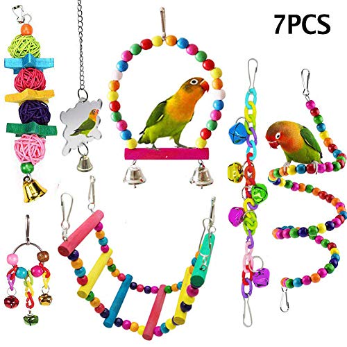 7 Pcs Bird Parrot Toys, ESRISE Hanging Bell Pet Bird Cage Hammock Swing Climbing Ladders Toy Wooden Perch Mirror Chewing Toy for Small Parrots, Conures, Love Birds, Small Parakeets Cockatiels, Macaws,