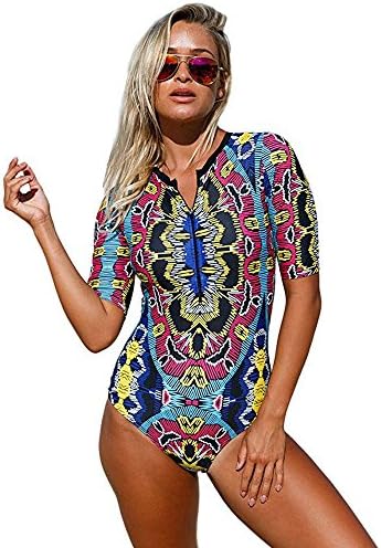 Palove Women One Piece Swimsuit Zip Front Printed Half Sleeve Rash Guard Bathing Suit, S-XXL