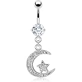 14GA Stainless Steel CZ Crystal Paved Crescent Moon and Star Dangling Belly Button Ring