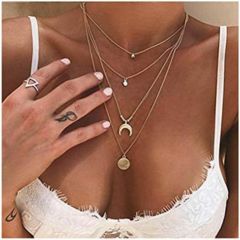 Multi-Layer Choker Necklace with Moon and Sequins Pendant Necklace Y Chain Jewelry for Women Girls