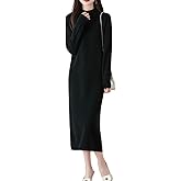 Ailaile 100% Merino Wool Sweater Dress Women's Long Sleeve Mock Neck Ribbed Jumper Fall Winter Knitted Long Tops