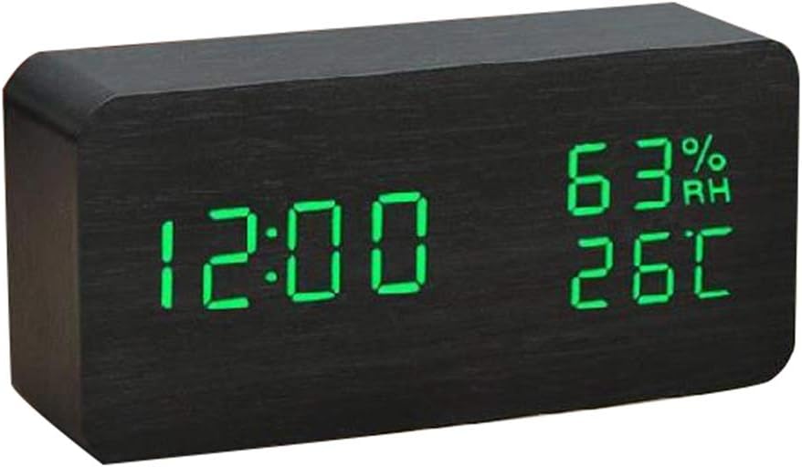 Hulorest Digital Wooden Alarm Clock for Beside Office, 3 Separate Alarms and Adjustable Brightness, Non Ticking, LED Temperature Display, Mains/Battery Powered (Green Light)