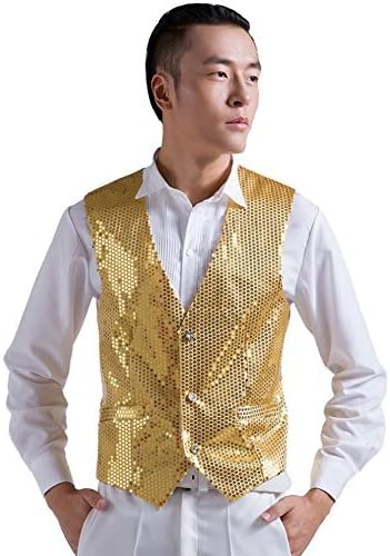 HAOYU Men's Stage Show Sequined Vest (XXL: chest 45", Gold)