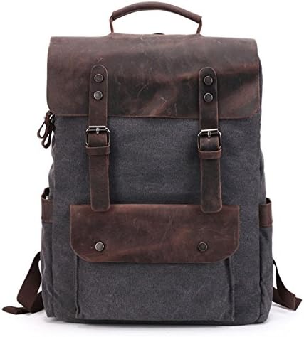 Vintage Durable Waxed Canvas Leather Trim Leather Laptop Backpack Casual Campus School Rucksack with 15.6 Inch Laptop Compartment