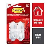 Command White Hooks, 2 hooks, 4 strips, Organize Damage-Free, Holds 3 lbs (17081ES)
