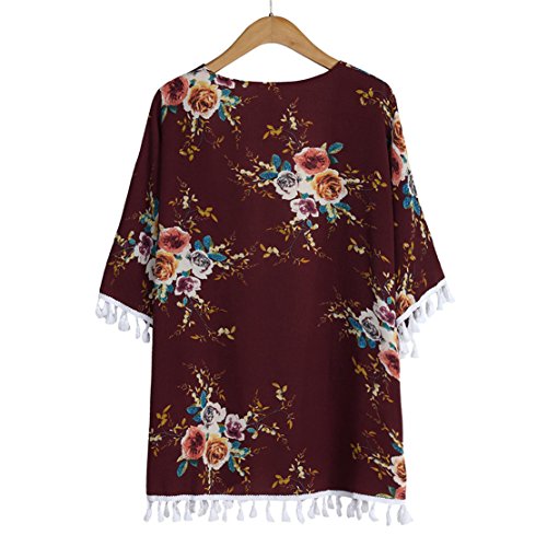 Mose Ladies Cardigan Womens Spring Short Sleeve Print Floral Tassel Tops Blouse Open Front Outerwear (,Wine Red, S)