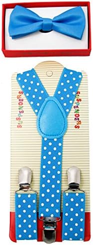 Brand New 2015 Kids Unisex Fashion Sky Blue Polka Dot Suspenders Bow Tie Combo