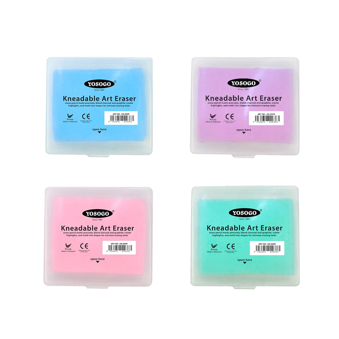 Yosogo Kneadable Art Eraser with Case (Purple, Pink, Green, Pink, 4 Pieces)