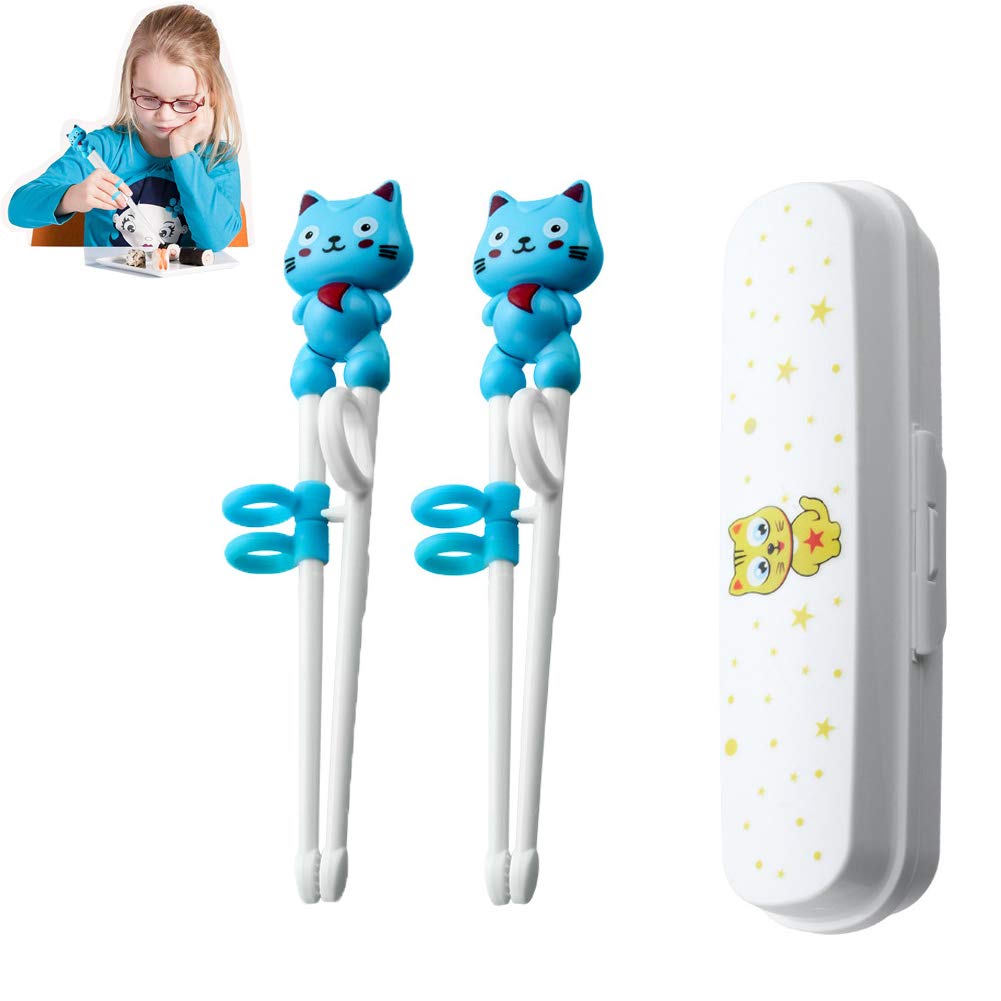 2 Pairs of Children's Training Chopsticks - Beginner Chinese Chopsticks with Assistant to Learn Grip - Cartoon Animal Design, Suitable for Elderly - Blue