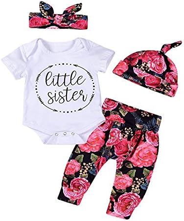 OUTGLE Newborn Baby Girl Toddler Little Sister Romper + Floral Legging + Headband + Hat Clothing Set Outfits (0-6 Months, Short Sleeve)