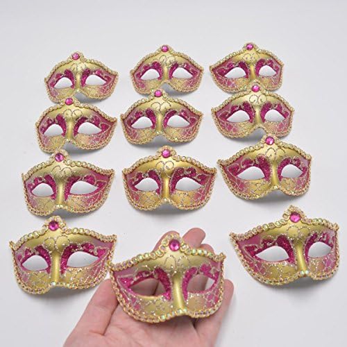 Yiseng 12pcs Set Luxury Gemstone Mini Masks Hand Drawing Venetian Masquerade Party Decoration Novelty Gifts (fuschia)