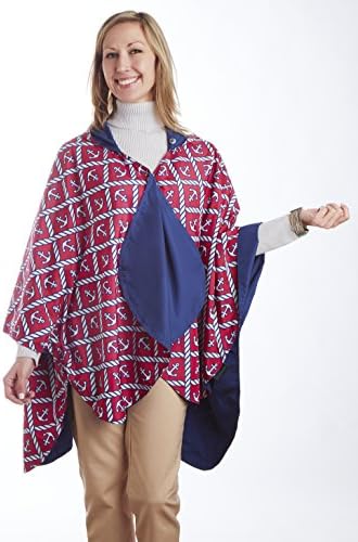 RainCaper Rain Poncho for Women - Reversible Waterproof Hooded Cape in Gorgeous Ultrasoft Colors (Navy with Red &amp; White Anchors)
