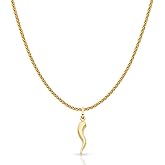 14K Yellow Gold Cornicello Italian Horn Necklace Good Luck Charm Pendant with 1.1mm Wheat Chain