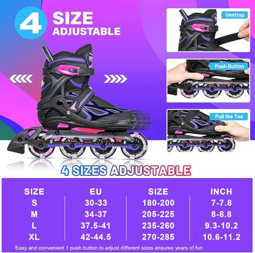 2PM Sports Adjustable Inline Skates for Girls and Boys Women Men, Sizes 30-33, 34-37, 38-41 and 42-44